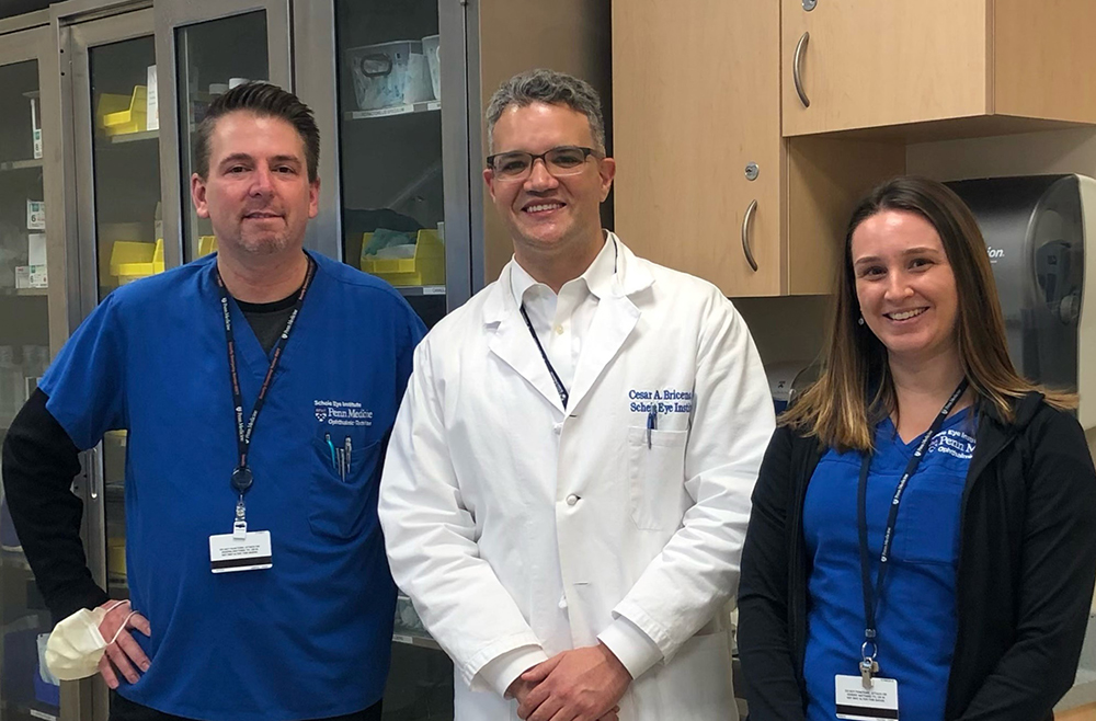 Liam Marucci, César A. Briceño, MD, and Nicole Wallace from the Ophthalmology clinic at the Perelman Center for Advanced Medicine